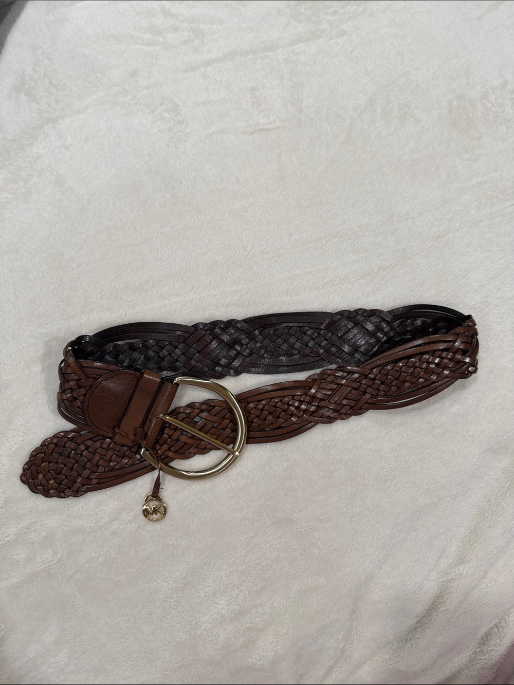 Michael Kors Braided Brown Leather Belt with Gold Ring Buckle